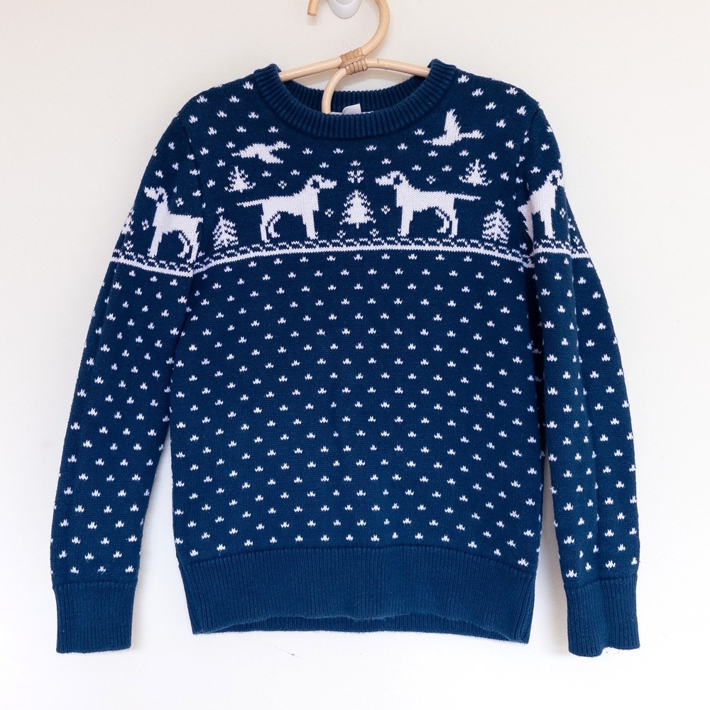 Crewcuts J.Crew Sweater Blue Fair Isle Dog Tree Knit Pullover Kids Size S 6-7